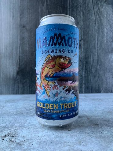 Golden Trout can with big, leaping fish in the foreground; silhouetted fishing person in the back.