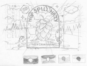 Hop Spill Hazy label sketch with monumental hop framed in a tombstone shape.