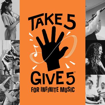 Take 5 Give 5 for Infinite Music. Hand with infinity sign with music note in Saul Bass style.