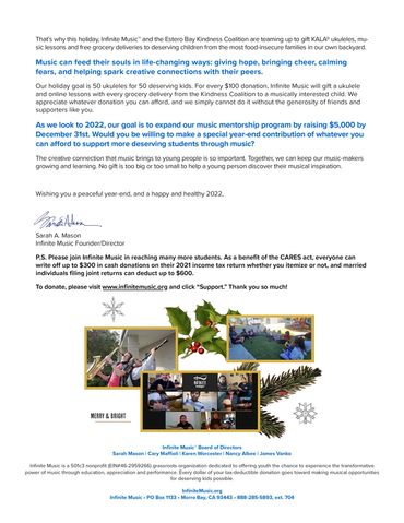 Back of holiday fundraising letter with collage illustration at bottom.