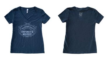 Front and back of dark blue v-neck t-shirt with swirly "No Boundaries Infinite Music" design.
