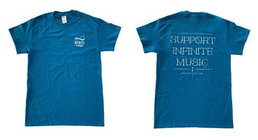 Front and back of sapphire blue t-shirt with "Support Infinite Music" design.