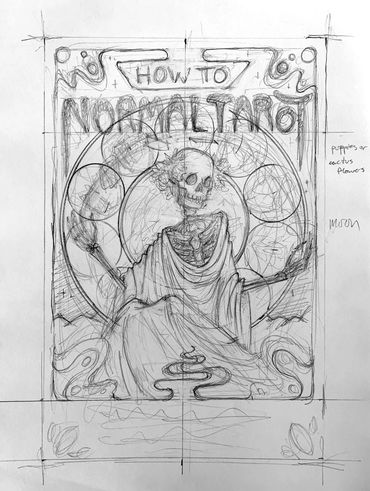 Detailed book cover sketch showing cloaked skeleton, lettering, and rough Art Nouveau elements.