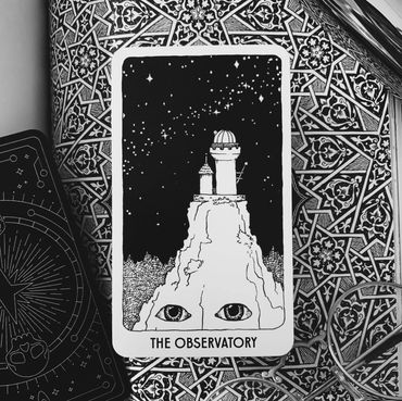 The Observatory: a night sky full of stars, an observatory at the top of a mountain, a pair of eyes.