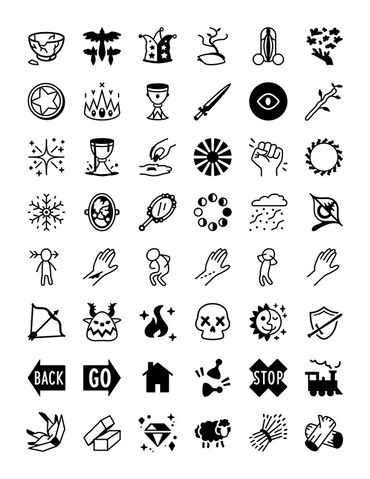 42 more symbols, including a broken bowl, overflowing goblet, a mirror, a steam engine, and a gem.