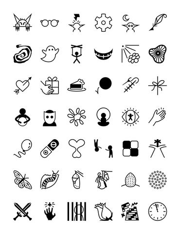 Grid of 42 simplified symbols, including a goblin, slice of pie, balloon, crumbling tower, and more.