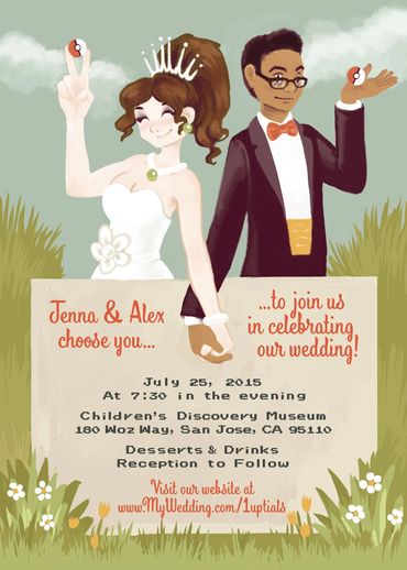 Wedding invite with illustration of a bride and groom standing in tall grass, holding Poké Balls.
