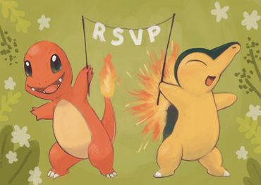 Illustration of a charmander and a cyndaquil holding up a banner that reads RSVP.