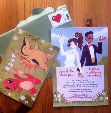 Photo of invite and RSVP card with envelope. Postage stamp features a pixel heart.