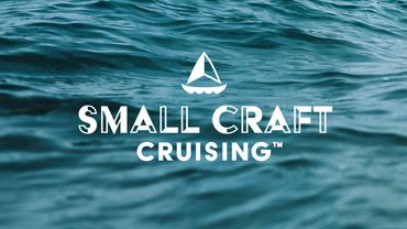 Small Craft Cruising logo with small sailboat icon in white over dark turquoise ocean water.