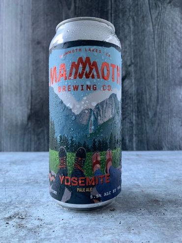 Yosemite Pale Ale can with two pairs of campers' feet and Yosemite Falls in the distance.