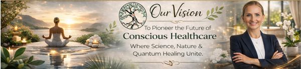 A serene vision of conscious healthcare blending science, nature, and quantum healing.