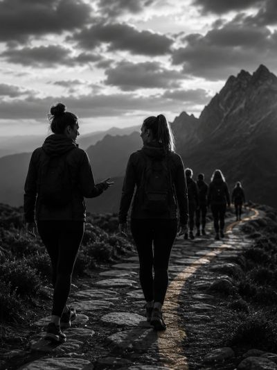 People hiking on a mountain trail at sunset.