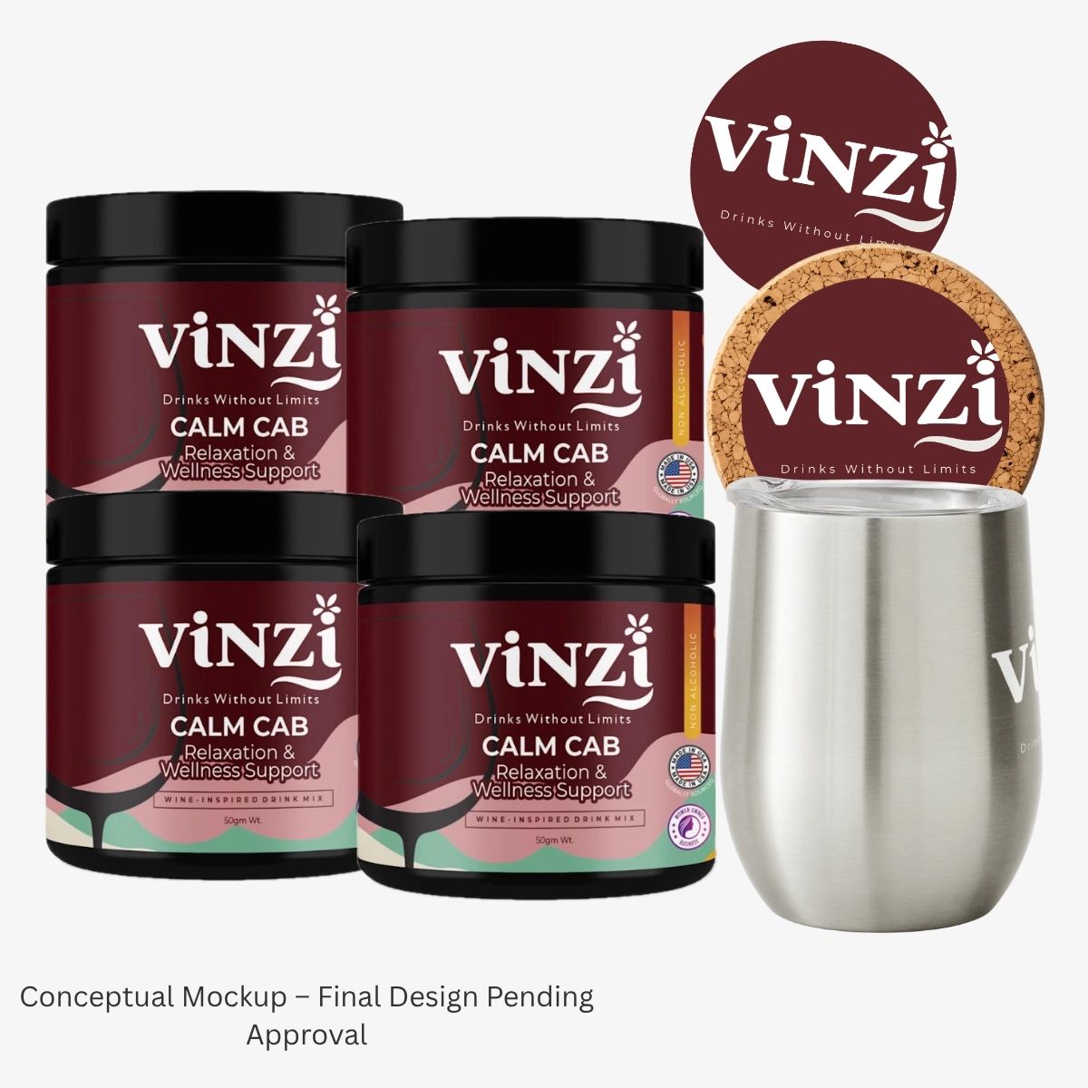 Vinzi Calm Cab drink mix jars with branded coasters and a stainless steel cup for relaxation and wellness. Wine inspired drink mix