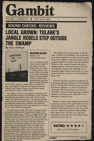 Newspaper review of Tulane's Jangle Rebels' album "Weather or Not" from 1986.