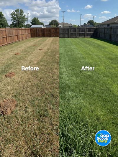 A side-by-side βBefore & Afterβ comparison of a yard serviced by The Poop Scoop Duty in Florence, SC