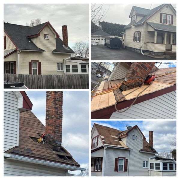 Various views of a house undergoing roof repair around the chimney area.