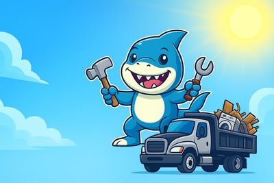 Happy cartoon shark holding a hammer and wrench next to a truck loaded with scrap.