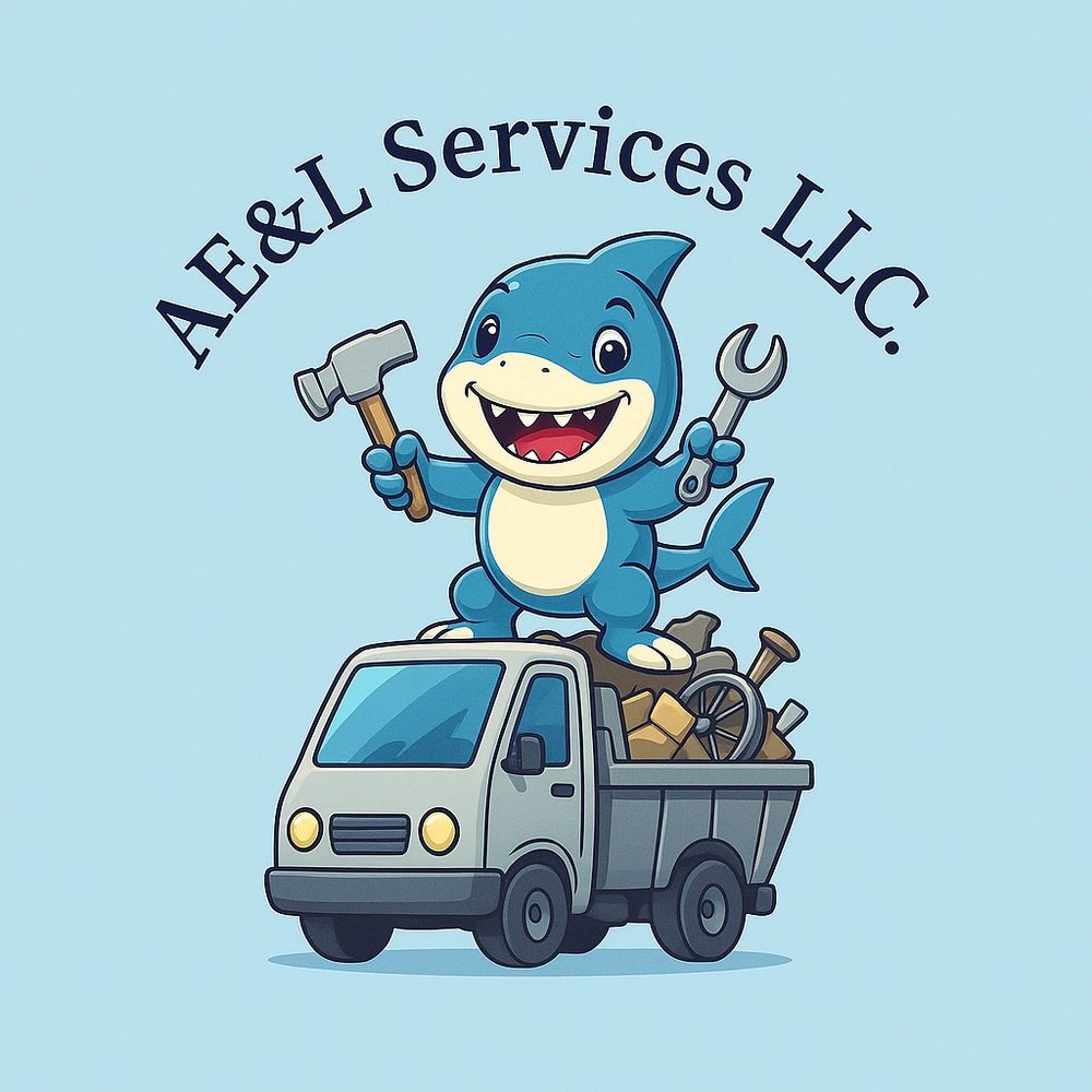 Cartoon shark holding tools on a truck with A&L Services LLC text.