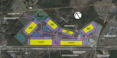Site plan of a mixed-use development with zones marked.