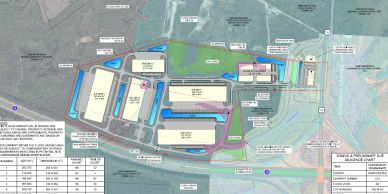 Detailed site plan with labeled buildings and dimensions.