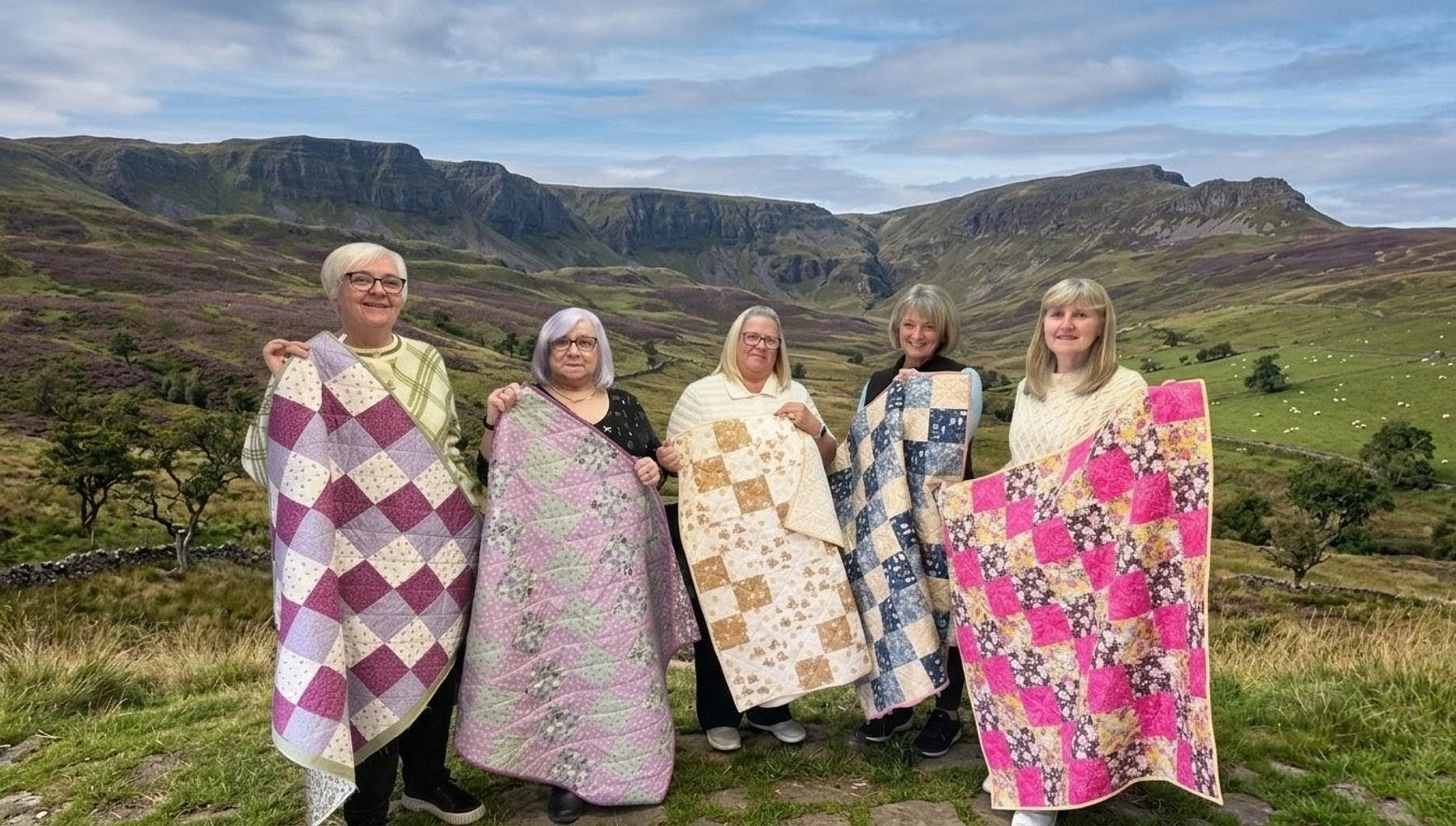 The first group of quilters with their finished quilts