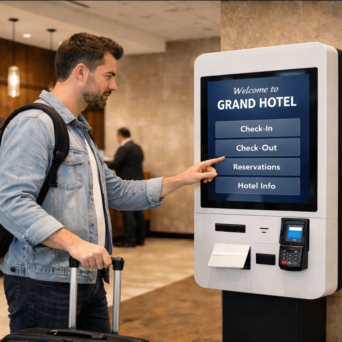 Person using the self check-in service at a hotel.