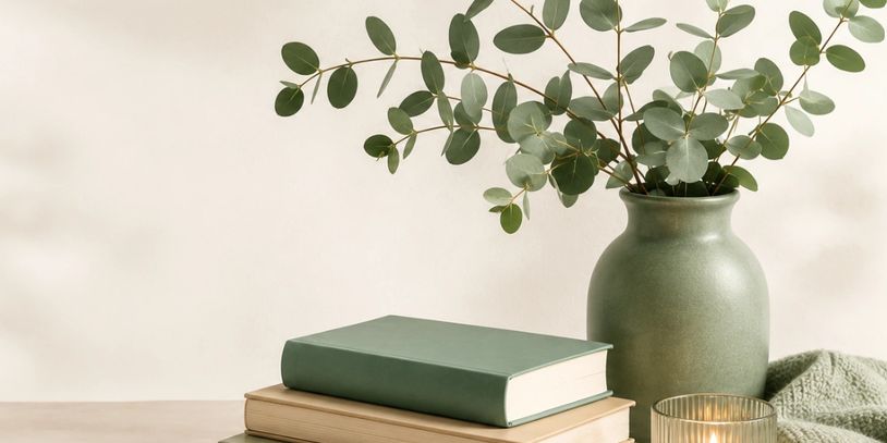 Serene green image of books vase and flowers on a table
