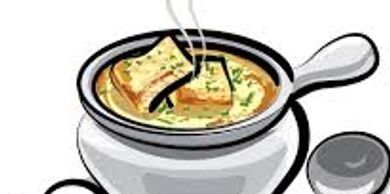 A cartoon drawing of a steaming handled bowl of soup.
