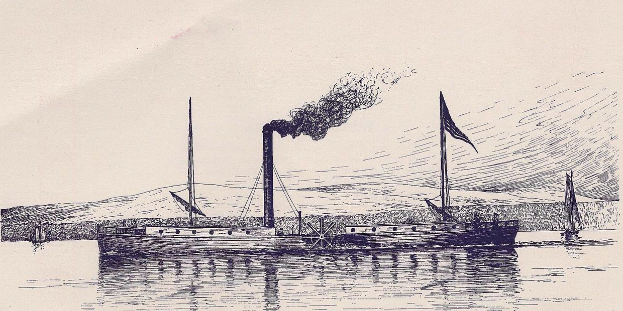 Sketch image of a ship with steam coming out