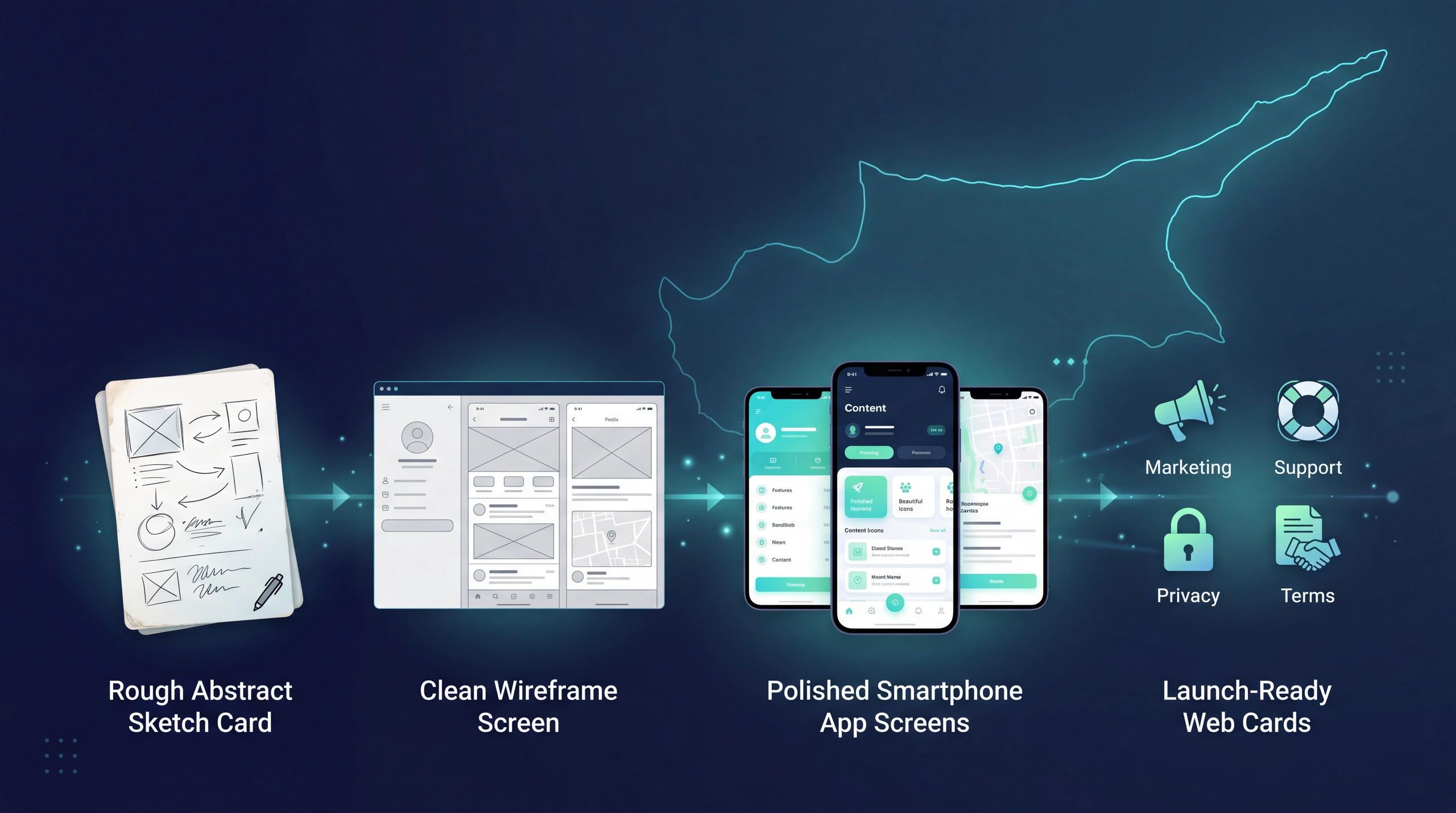 Visual progression from rough sketches to polished app screens and launch-ready web cards.