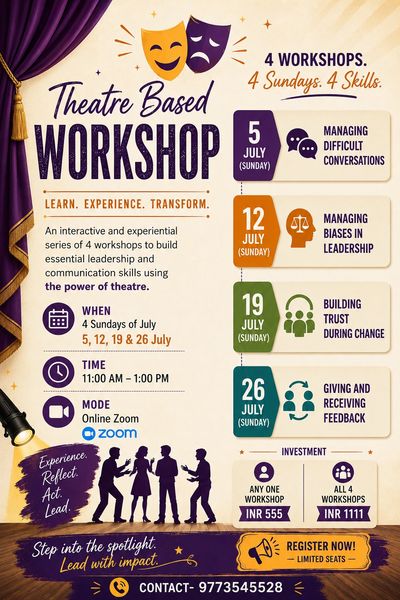 Interactive theatre-based workshop series on leadership and communication every Sunday in July via Zoom.