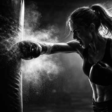 Intense female boxer delivering a powerful punch to a punching bag.