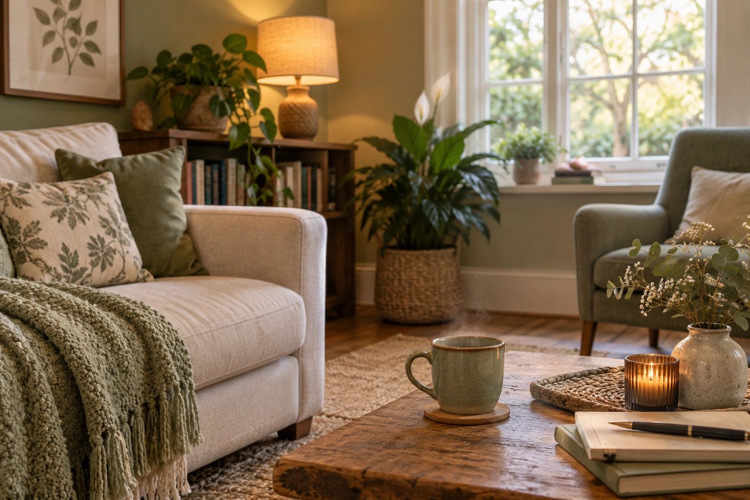 Cozy living room with warm lighting and green accents.