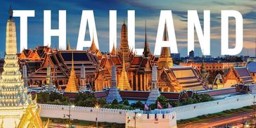 A stunning view of Thailand's Grand Palace at dusk with bold text.