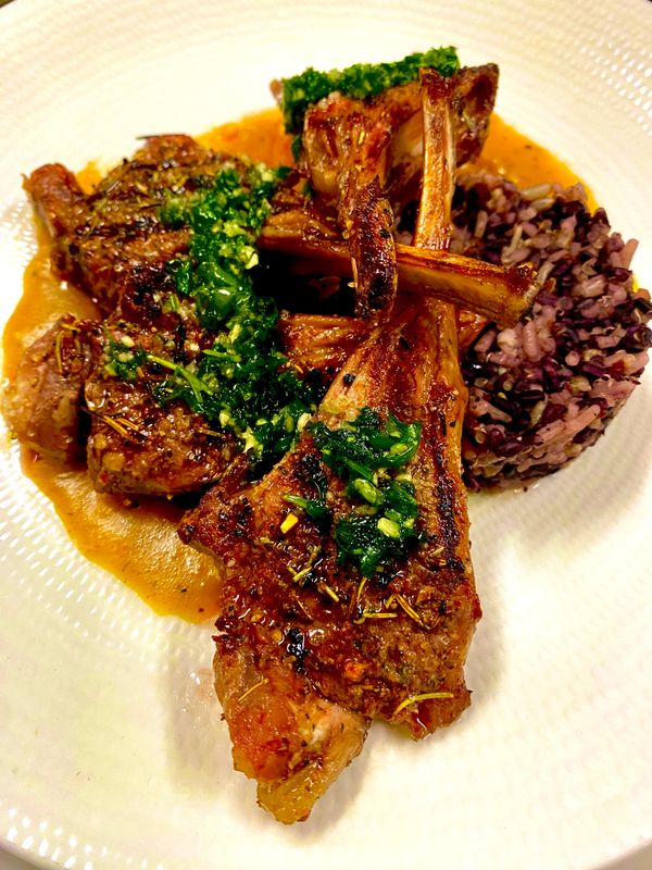 Honey Garlic Lamb Chops, Topped With a Horseradish Gremolata. Purple Rice and Quinoa