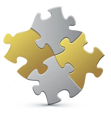 Four interlocking puzzle pieces in gold and silver.