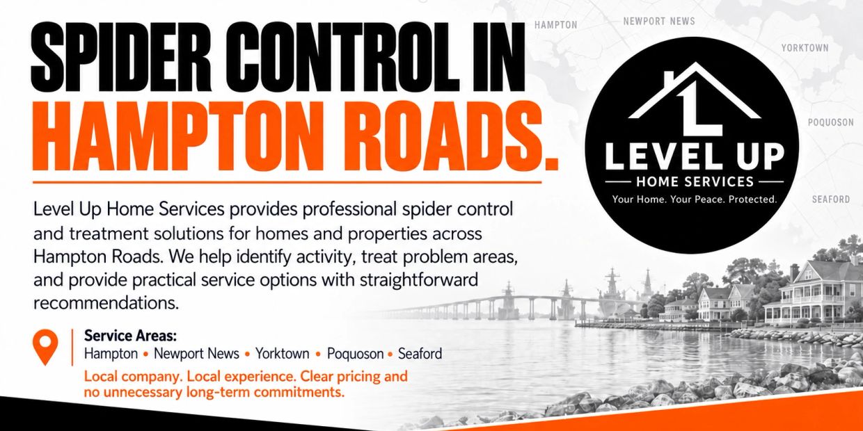 Advertisement for spider control services in Hampton Roads by Level Up Home Services.
