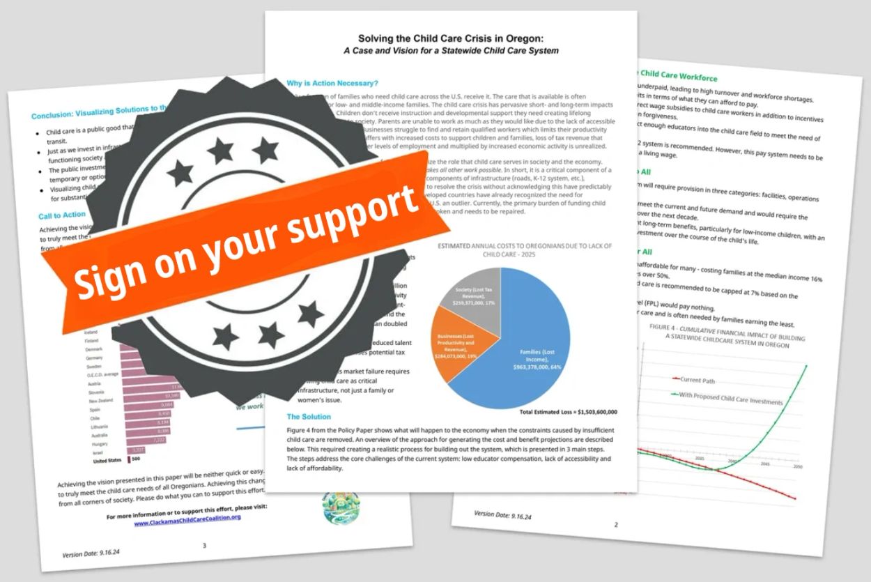 Documents addressing Oregon's child care crisis with a call for support.