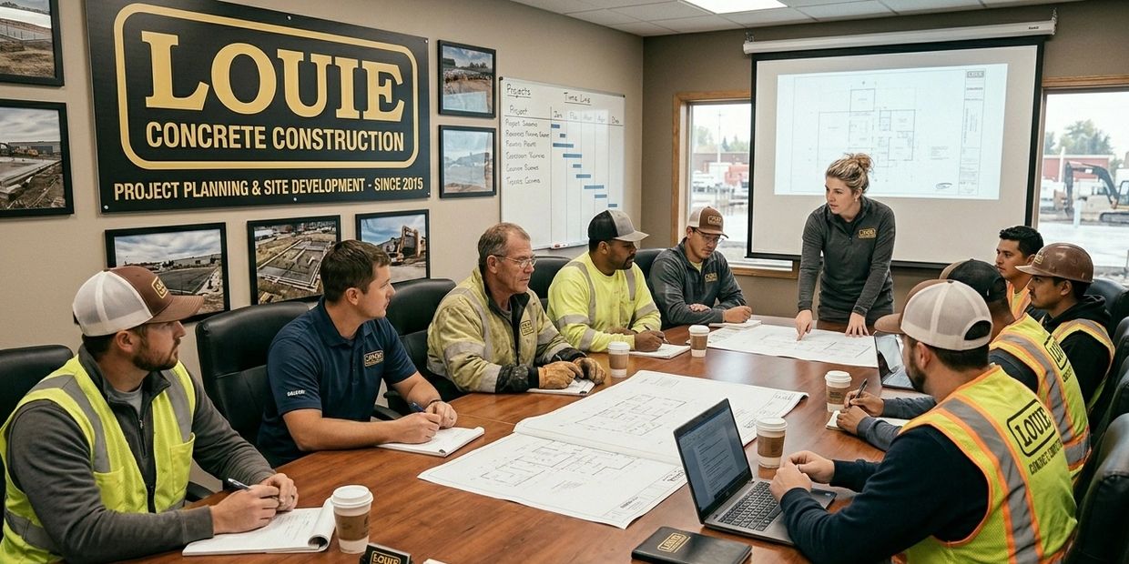 Team meeting at Louie Concrete Construction discussing project plans and blueprints.