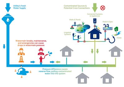 Diagram showing water supply contamination through backflow from various sources.