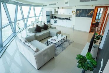 Panoramic citywide views in spacious living room