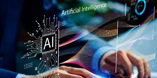 Hands interacting with digital AI and artificial intelligence graphics.