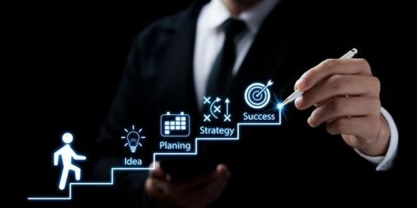 Person drawing success steps: idea, planning, strategy, success.