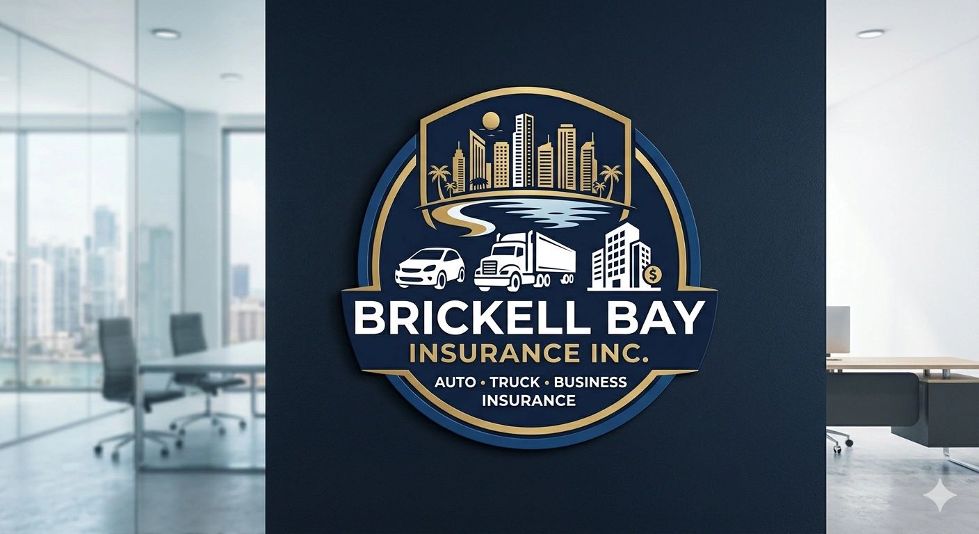 Logo of Brickell Bay Insurance Inc. with city, car, truck, and business icons.