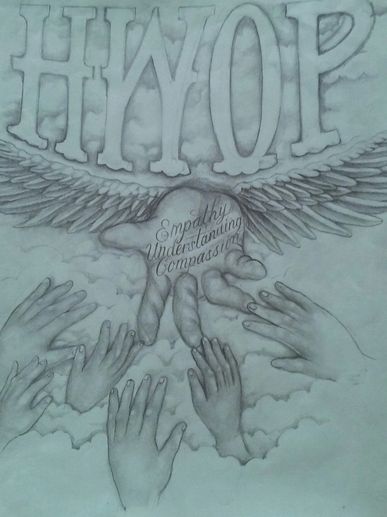 Sketch of hands reaching towards a winged hand under the word 'HOPE'.