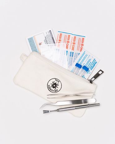 Tick Safety Kit, made in Canada, Bandages, Alcohol wipes, tick tools, magnifier card, etc.
