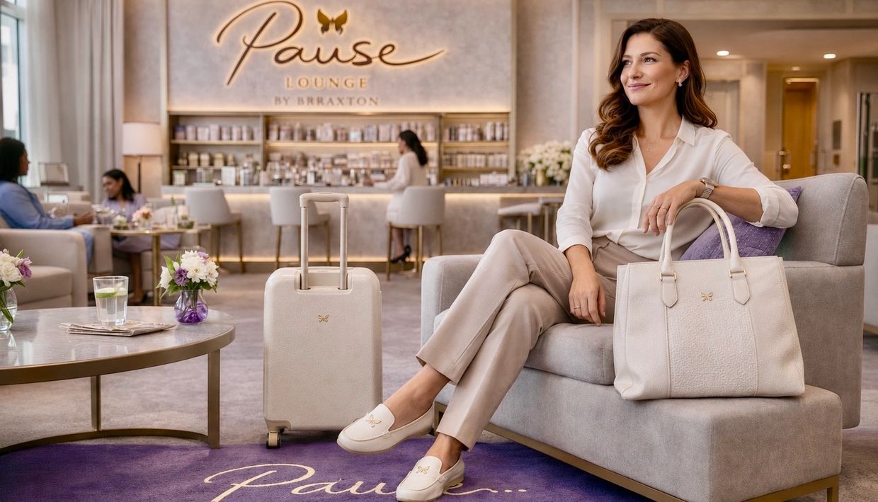 A woman sits in a stylish lounge with matching beige accessories and elegant decor.