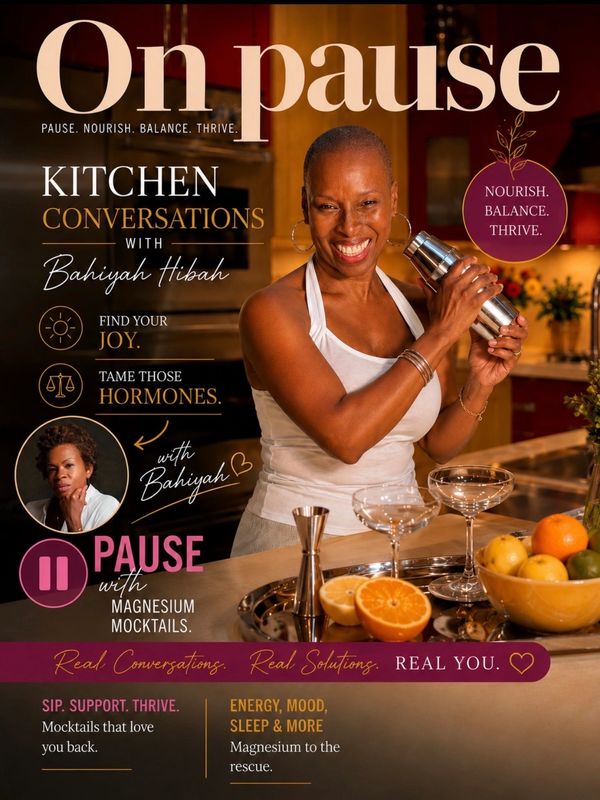 Woman shaking a cocktail shaker with text about kitchen conversations and magnesium mocktails.
