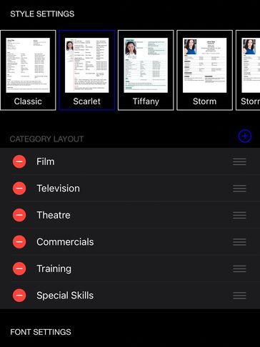 App screen capture showing resume style, category layout and font settings data entry.